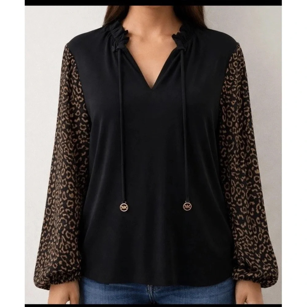 NEW Michael Kors Blouse Black Gold Leopard Print Ruffle Tie Neck Long Sleeve Lrg